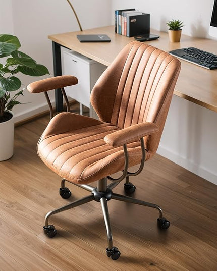 Mid Century Modren Office Chair - Fuax Leather Suede Brown Executive Chairs Ergonomic Mid Back with Lumbar Support, Swivel Computer Desk Task Chair with Wheels for Home Office (Brown, Mid Back)
