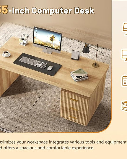 TVU Executive Desk with Drawers, Wooden Computer Desk with 3 Spacious Drawers，55 Inch Modern Office Desk Suitable for Study Room, Living Room, Bedroom, Office, Natural Wood Color