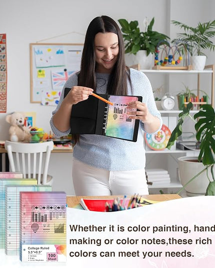 100 Sheet 5.5" x 8.5" Colored Loose Leaf Paper Half Letter Lined Paper 7 hole punched Wide Ruled Paper Refills College Ruled Notebook Paper Watercolor 80GSM For 3 Or 7 Ring Binders
