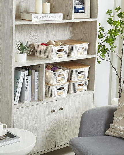 Small Plastic Storage Bins with Bamboo Lids 5.2qt Stackable Box Basket Pantry Decorative Containers Cute with Lable for Organizing Desktop Closet Office Cream White of 6 packs 10*7.2*4.1'’
