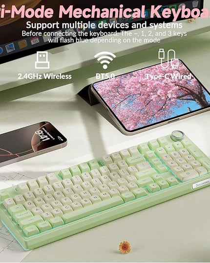 SOLAKAKA KI99 Pro Wireless Mechanical Keyboard Quiet Switch,Hot Swappable Pre-Lubed Switches Silent Keyboard with RGB Backlit,Gasket Structure Computer Gaming Keyboards(GreenWhite, Silent Switch)