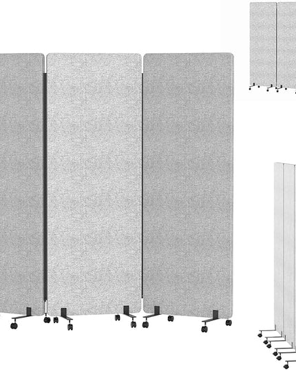 Soundproof Room Divider Panel with Wheels, 66in Portable Office Partition Screen, 3 Panel Temporary Wall Divider for Sound Proof Separation, Cubicle Privacy Panels for Desk (Light Grey)