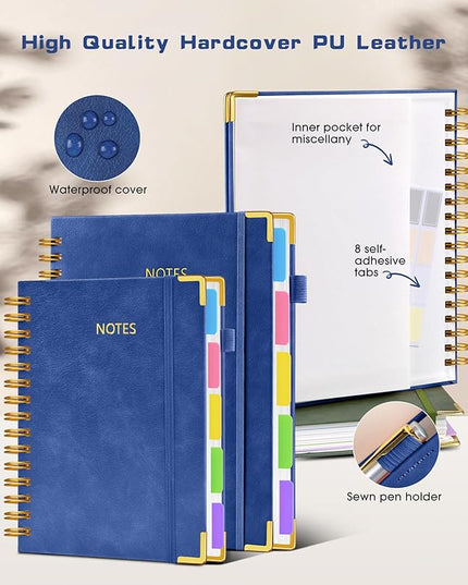 Hardcover Spiral Notebook journal with Removable Dividers Tabs, 300 Pages Leather 5 Subject Notebook College Ruled, 100GMS A5 Notebooks for Work School Note taking,Lined Journal for Women,A5 Navy