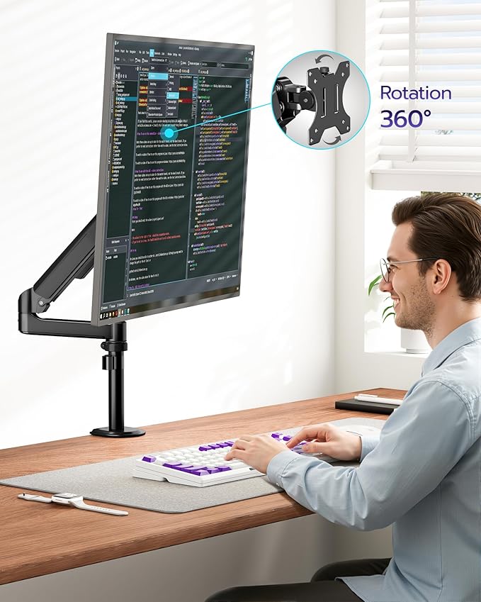 ARES WING Single Monitor Mount - Ultrawide Monitor Arm for 17 to 40 Inch Heavy Duty Curved Screen Up to 26.4 lbs with Clamp/Grommet Desk Mount, 75/100 Vesa Mount, Black