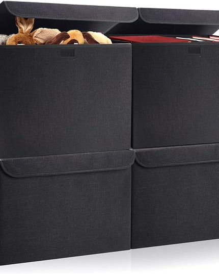Large 22 Quart Linen Fabric Foldable Storage Bin Cube Organizer Basket with Flip-Top Lid & Handles, Clothes Blanket Box for Home, Office, Closet, Black, 4 Pack 14.6 x 9.5 x 9.5”