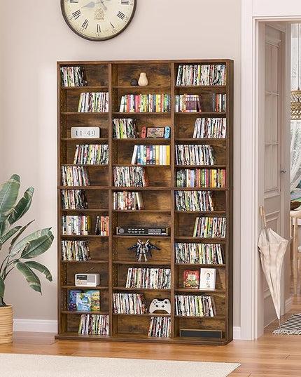LELELINKY 11 Tier Tall Display Cabinet, Brown Media Storage Cabinet with Adjustable Shelves, Free Standing DVD Organizer Shelf, Floor Multimedia Storage Manga Bookshelf for Living Room & Home Office.