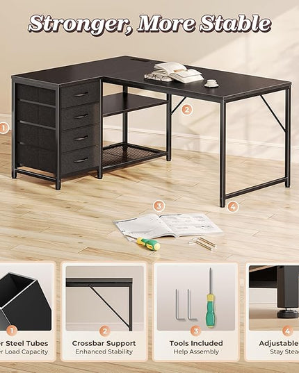PRAISUN 43.3" Small Computer Desk with Power Outlets and USB-C Port, Reversible L Shaped Corner Office Desk with 4 Fabric Drawers and 2 Height-Adjustable Shelves, for Gaming Writing, Black