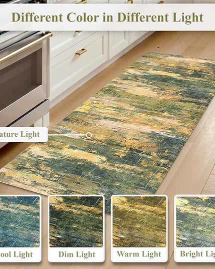 Collive Anti Fatigue Kitchen Rugs Sets of 2, Abstract Non Slip Waterproof Kitchen Mat Modern Runner Rug, Ergonomic Comfort Desk Rugs for Floor, 17"x59"+17"x29" Green/Yellow