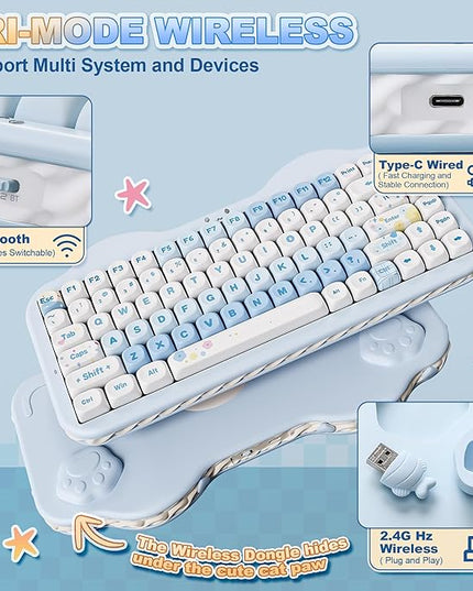 YUNZII C75 Wireless Mechanical Keyboard,75% Layout, Hot-Swappable NKRO,BT5.0/2.4G/USB-C Mode,Dye-Sub PBT MOA Keycaps,RGB Gasket Mount,Cute Cake Design for Mac/Win/Gaming (Blue, Milk V2 Switch)