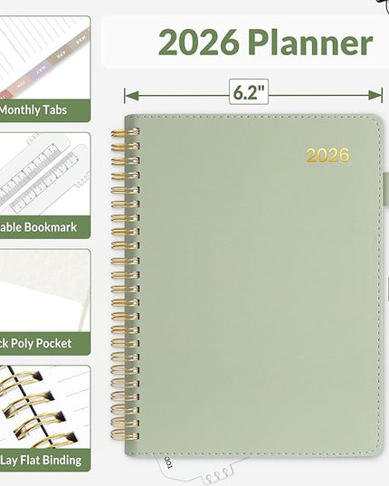 SUNEE 2026 Weekly & Monthly Planner 6.4"x8.5"- 12 Month (January 2026 - December 2026), Vegan Leather Cover, Pocket, Bookmark, Notes, Monthly Tab, Sage Green