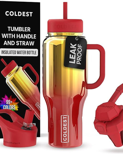 Coldest Tumbler with Handle and Straw - 100% Spill Proof Tumbler with Straw (3 Lids) - Stainless Steel Insulated Leakproof Tumblers for Women & Men - Cup Holder Friendly - 36 oz (Phoenix Nova)