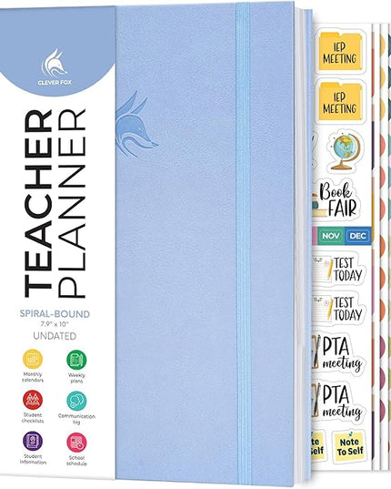 Clever Fox Teacher Planner Spiral – School Year Planner with Calendars & Lesson Plans – Teacher Plan Book for Classroom & Homeschool Organization - Undated, 7.9x10″ (Periwinkle)