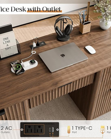 58" Fluted Home Office Desks with Storage, Modern Executive Desk Computer Desks with 5 Drawers & Cabinet, Wood Work Desk File Drawer for Office, Bedroom, Study, Living Room, Walnut