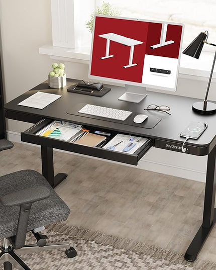 SANODESK Standing Desk with Drawer, Electric Height Adjustable Home Office Desk with Storage & USB Ports, 48 inch Black Wood Tabletop/White Frame