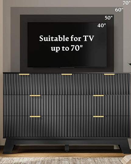 HUANLEGO Fluted Dresser for Bedroom with 7 Drawer, Mid Century Modern Chest of Drawers, 48" Wide Natural Wood Dresser for Closet, Wooden Boho Chest Closet Storage TV Stand for Bedroom, Black