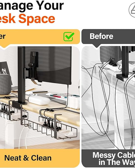 2 Pack Cable Management Under Desk Tray, 31.4" No Drill Under Desk Wire Management with Upgraded Clamp, Metal Cord Organizers for Desk with Cable Organizers, PC Cable Management Rack, Black