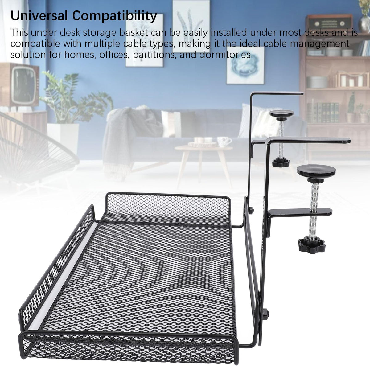 Under Desk Wire Organizer, Cable Management Tray Metal, Large Storage Tray Clamp Mount for Office Home, No Drill Cable Raceway (Black)