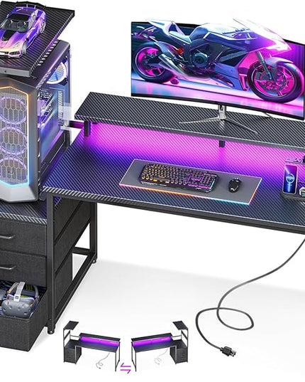 AODK 52 Inch Gaming Desk with USB Charging Ports & LED Light- Reversible Computer Desk with Storage Shelves & Monitor Stand, Modern Gamer Desk Table with Fabric Drawers & Side Hook, Carbon Fiber Black