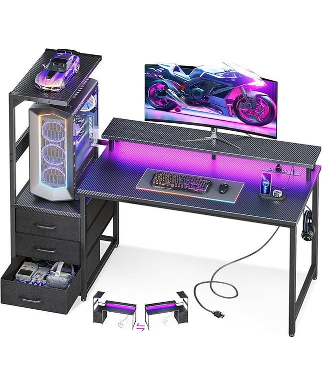 AODK 52 Inch Gaming Desk with USB Charging Ports & LED Light- Reversible Computer Desk with Storage Shelves & Monitor Stand, Modern Gamer Desk Table with Fabric Drawers & Side Hook, Carbon Fiber Black