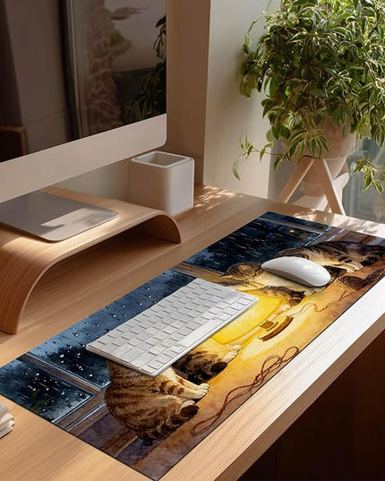 XL Mouse Pad Gaming Mousepad 31.5 x 11.8 Inch Large Keyboard Desktop Mat Diatomite Mouse Pad for Home and Office Desk Accessories with Cozy Window Night Cat Lamp Artwork