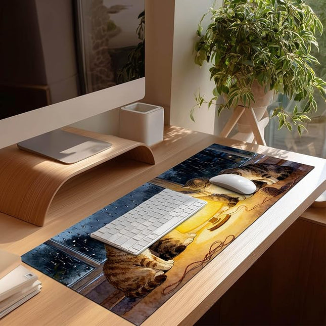 XL Mouse Pad Gaming Mousepad 31.5 x 11.8 Inch Large Keyboard Desktop Mat Diatomite Mouse Pad for Home and Office Desk Accessories with Cozy Window Night Cat Lamp Artwork