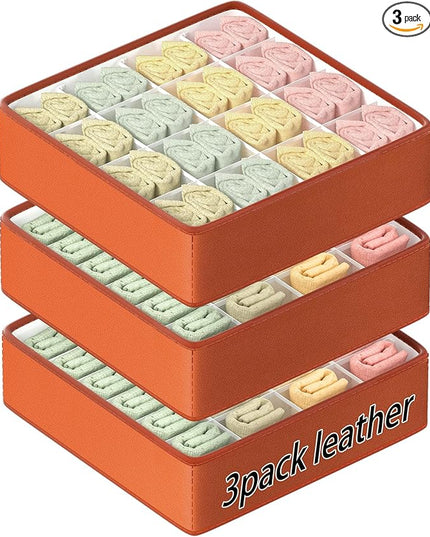 Fashion Leather Sock Underwear Drawer Organizer clothes, Closet Dividers，64 Cell (16+24+24) Foldable Leather Storage Box for Panties, Ties, Accessories（3 Pack）