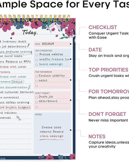 Taja To Do List Notepad - To Do List Notebook for Work with 52 Sheets, 9.8" x 6.5", Undated Daily Planner Perfect for Daily Tasks and Goal Setting, Notepad Suitable for Office, Home & School - Twilight Petals