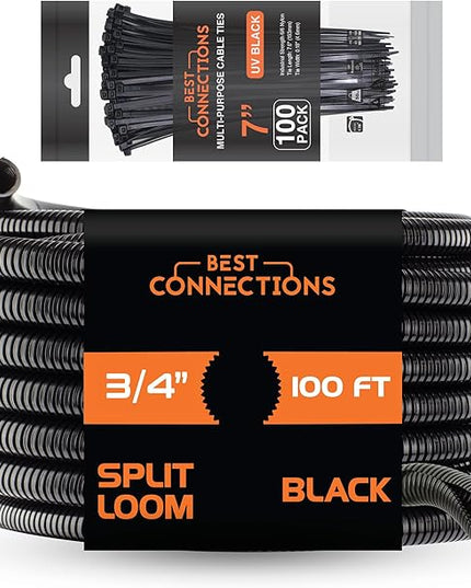 BEST CONNECTIONS 100 Ft – 3/4" Diameter Split Wire Loom Flex-Guard Convoluted Tubing with 100 Pcs 7" Nylon Cable Zip Ties Protective Split Cable Sleeves for Automotive Home Electrical Wires Black