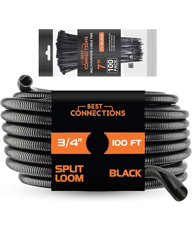 BEST CONNECTIONS 100 Ft – 3/4" Diameter Split Wire Loom Flex-Guard Convoluted Tubing with 100 Pcs 7" Nylon Cable Zip Ties Protective Split Cable Sleeves for Automotive Home Electrical Wires Black