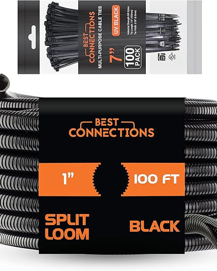 BEST CONNECTIONS 100 Ft – 1" Diameter Split Wire Loom Flex-Guard Convoluted Tubing with 100 Pcs x 7" Nylon Cable Zip Ties – Protective Split Cable Sleeves for Automotive Home Electrical Wires – Black