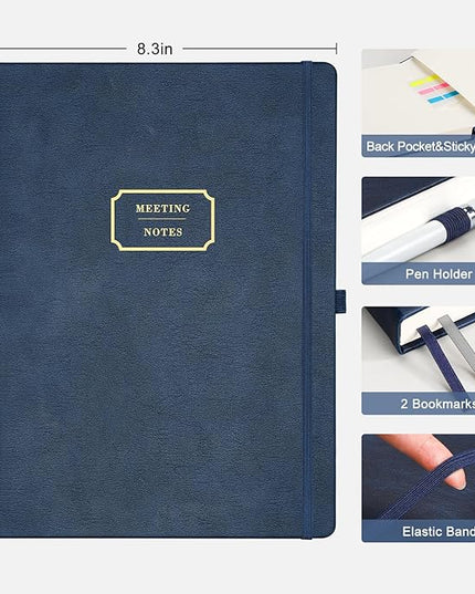 EMSHOI Meeting Notebook for Work with Sticky Tabs - 240 Pages, A4 Size Project Planner, PU Leather Meeting Agenda/Minutes Organizer for Women Men, Note Taking, Office & Business, 8.3"x11.7", Blue
