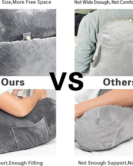 SLIGUY Reading Pillow for Sitting in Bed Couch Adult, Back Pillow with arm Support and Pockets, Adult Back Pillow Bed Chair for Bed Rest, Reading, Watching TV, Gaming for Boys and Girls Light Grey