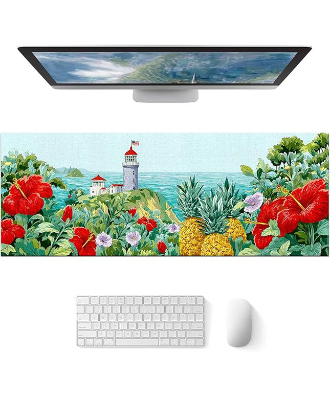 Mouse Pad Gaming Mousepad 31.5 x 11.8 Inch Coastal Lighthouse Tropical Floral Artwork and Smooth Diatomite Large Keyboard Mat XL Mouse Pad for Home and Office Desk Accessories