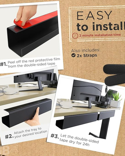 No-Screw Under Desk Cable Management Tray - Self-Adhesive Installation, Cord Management, Cable Tray, Under Desk Wire Organizer - Black Set of 2