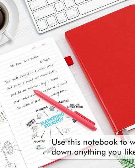 feela 12 Pack Notebooks Journals Bulk with 12 Black Pens, A5 Hardcover Notebook Classic Ruled Journal Set with Pen Holder for School Business Work Travel Writing, 120 GSM, 5.1”x8.3”, Red