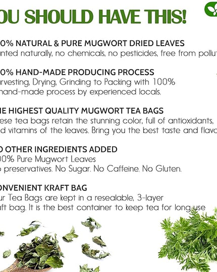 FreshDrinkUS, Premium 90 Mugwort Leaf Tea Bags, 100% Natural and Pure Mugwort Leaves. No Sugar, No Caffeine, No Gluten, Vegan.