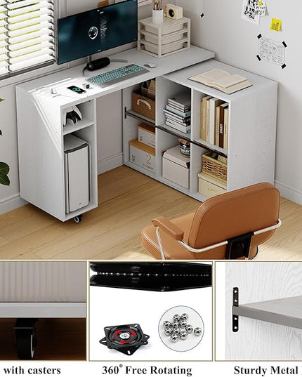 BLANKSPACE L-Shaped Computer Desk with 360°Swivel Desktop & 6 Open Shelves - Rotating Home Office Corner Desk with Power Outlets for Working and Study White Walnut