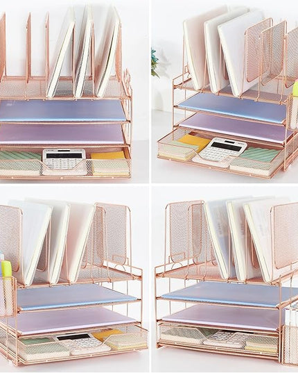 LEKETREE Desk Organizers and Accessories, 3-Tier Paper Organizer with 5 Vertical File Holders, File Organizer for Desk (Rose Gold With Drawer, 3T With Drawer)