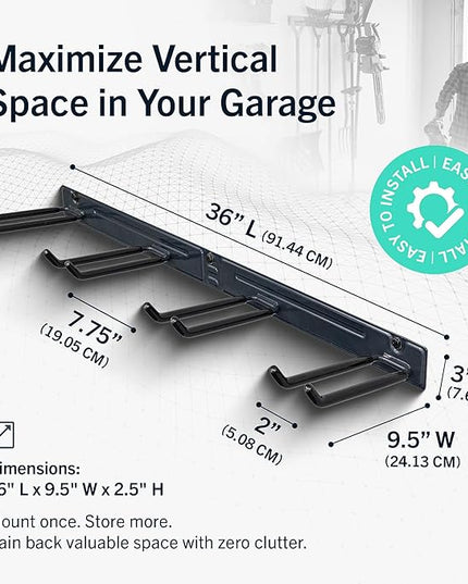 StoreYourBoard Wall-Mounted Rack With 4 Garage Hooks – Heavy-Duty Steel Holder Garage & Garden Storage for Shed, Workshop, or Home Organization – For Rakes, Shovels, Tools & More – 1 Pack, Deep Water
