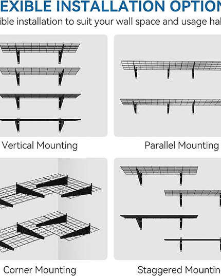 2-Pack 2x6ft Garage Wall Shelving, 24"x72" Shelf Storage Rack Floating Shelves Wall Mounted, Heavy Duty Storage Shelves, 800lbs Load Capacity, with 16 Hooks for Garage Organization, Black