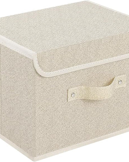 Storage Boxes, Collapsible Storage Bins with Lids, Cotton and linen cloth Storage Baskets with Handle, for Books, Closet, Bedroom, Home, 10.2x7.9x6.7 in, Grey and Beige