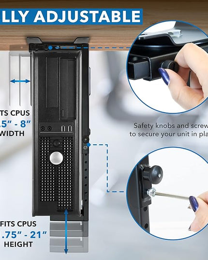 Mount-It! CPU Under Desk Mount Bracket - Computer Tower Wall and Under Counter Holder, 360 Degree Swivel Adjustable Height and Width Wall-Mountable