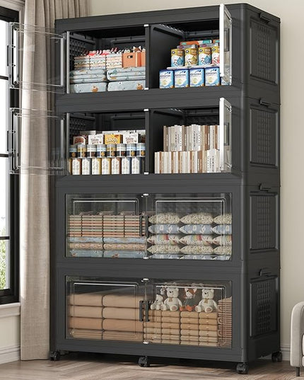 200Gal Stackable Storage Bins with Lid, 800Qt Extra Large Collapsible Storage Box with Wheels, Dividers, Folding Plastic Cabinet Closet Organizers for Home Kitchen Office Dorm, 4Pack Black