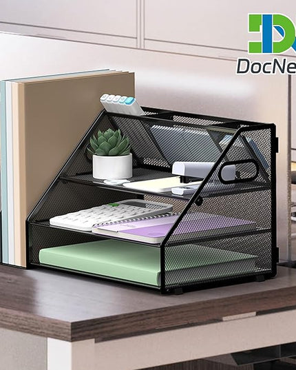 Docnest 3 Tier Metal Mesh Desk Organizer - Letter Tray with Built-in Pen Holder & Handle, Black