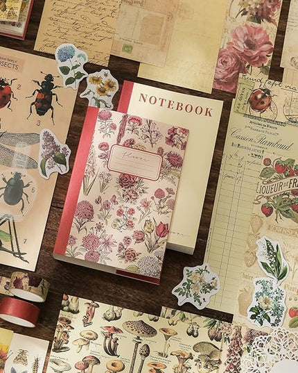 emmoolife Vintage Aesthetic Scrapbooking Supplies Kit, Flowers Botanical Bullet Junk Journal Kit with Journaling Supplies, Tweezers, A6 Grid Notebook,Stationery,Sticker, Birthday Craft Gift for Adult