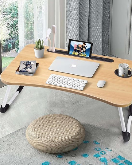 Slendor Lap Desk with Cup Holder, Foldable Laptop Table for Bed, Portable Bed Desk for Laptop and Writing, Computer Tray with Tablet Slot, Notebook Stand Reading Holder for Couch Sofa Floor,Walnut