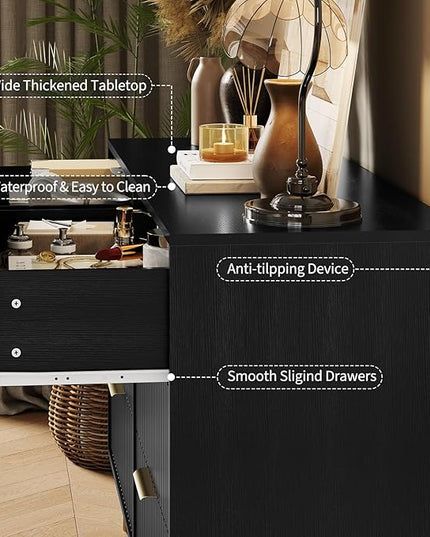 Garvee Fluted Dresser for Bedroom with 6 Drawers,47" Wide Modern Chest of Wooden Bedroom Chest with Metal Handle,Clothes Storage Organizer,Closet Dresser & TV Stand for Living Room,Hallway,6&Black