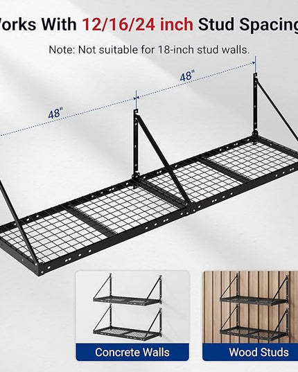 FLEXIMOUNTS 2-Pack 2x4ft Garage Wall Shelving with 4 Hooks - Heavy Duty Garage Storage System, 660 lbs Load Capacity with Brace Guardrail, Wall Mounted Organization for Bikes, Tools, Bins, Pro Series