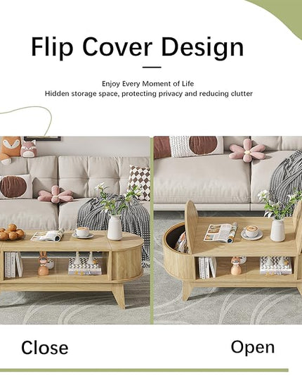 Coffee Table with 2 Hidden Storage,Mid Century Modern Coffee Table with Fluted Finish,Wood Center Tables Oval Coffee Tables with Flip-Top Lids for Living Room Home Office (Oak)