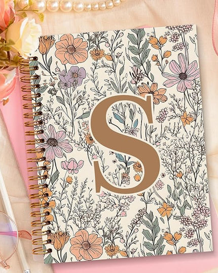 JXREQ Vintage Boho Floral Personalized Notebook, Initial Letter S Notebook Journal, Monogram Notebook, Monogrammed Gifts for Women, Boho Office Supplies, Flower Spiral Notebook 5.5x8.3
